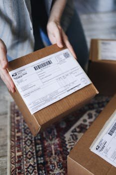 Close-up of hands holding a package with a visible shipping label, perfect for delivery themes.